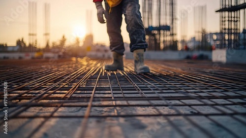 Construction worker walks on steel reinforcement grid at sunset. Industrial site showcasing hard work and dedication.