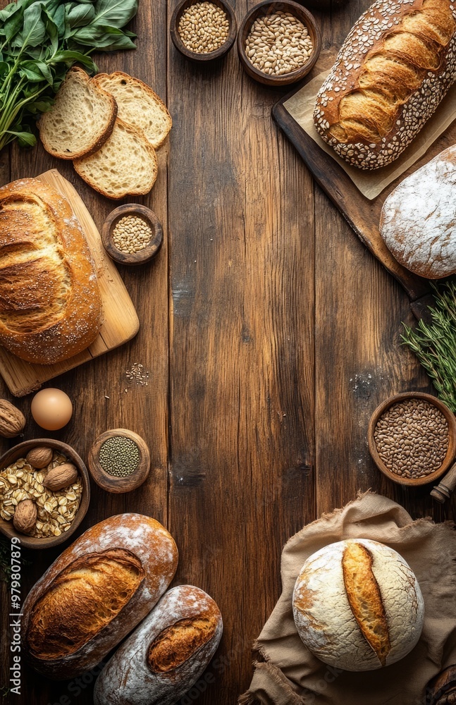 Rustic bakery scene with artisanal breads and seeds arranged on a wooden table surface Rustic bakery scene with artisanal breads and seeds arranged on a wooden table surface