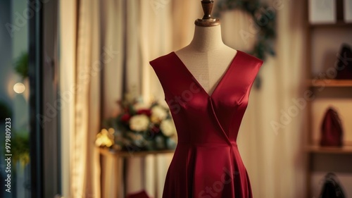 stylish burgundy dress displayed on a mannequin inside a boutique photo