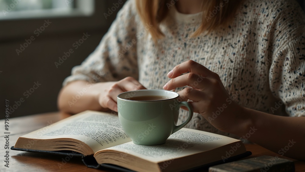 Woman reading a book with a cup of tea. Woman reading a book with a cup of tea.