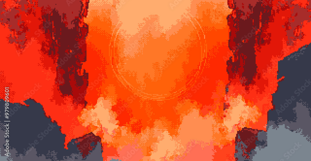 Fiery red symbol in the air of lava hell fog, Abstract pixel art style background Fiery red symbol in the air of lava hell fog, Abstract pixel art style background