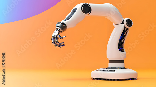 A robotic arm is dancing on an isolated orange background with a blue and purple gradient