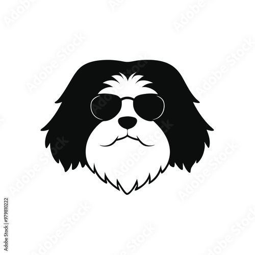 a black and white illustration of a dog's head. The dog appears to be a Shih Tzu, with long, shaggy fur covering its head and neck. Its eyes are large and round, and its nose is small and pointed