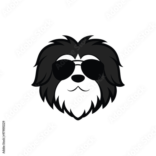 a black and white illustration of a dog's head. The dog appears to be a Shih Tzu, with long, shaggy fur covering its head and neck. Its eyes are large and round, and its nose is small and pointed
