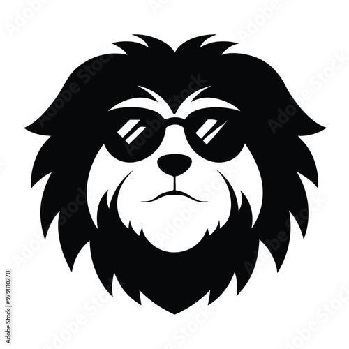 a black and white illustration of a dog's head. The dog appears to be a Shih Tzu, with long, shaggy fur covering its head and neck. Its eyes are large and round, and its nose is small and pointed