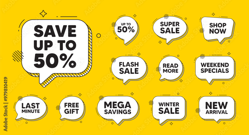 Obraz premium Offer speech bubble icons. Save up to 50 percent tag. Discount Sale offer price sign. Special offer symbol. Discount chat offer. Speech bubble discount banner. Text box balloon. Vector
