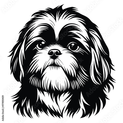 a black and white illustration of a dog's head. The dog appears to be a Shih Tzu, with long, shaggy fur covering its head and neck. Its eyes are large and round, and its nose is small and pointed