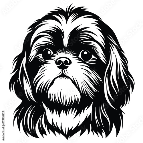 a black and white illustration of a dog's head. The dog appears to be a Shih Tzu, with long, shaggy fur covering its head and neck. Its eyes are large and round, and its nose is small and pointed