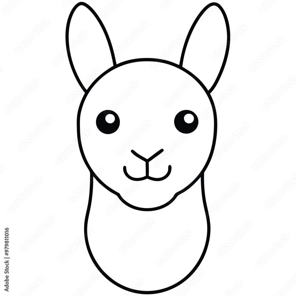 a black and white illustration of a llama's head. The llama has a round face with a small nose and a small mouth. Its eyes are large and round, and its ears are pointed upwards a black and white illustration of a llama's head. The llama has a round face with a small nose and a small mouth. Its eyes are large and round, and its ears are pointed upwards