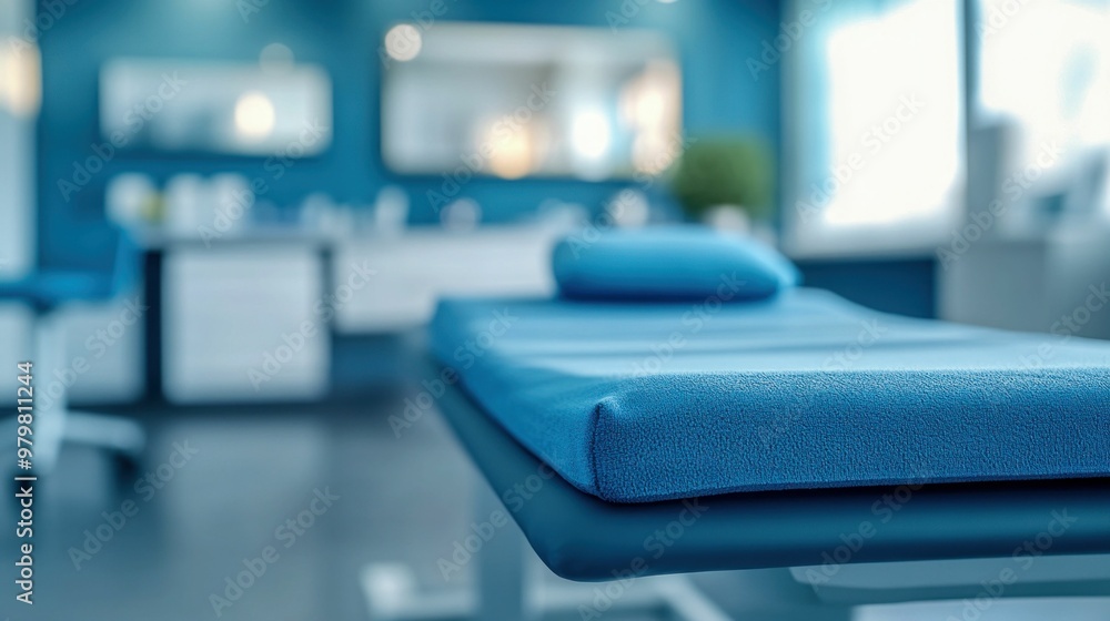Clean and Organized Medical Treatment Room with Folded Blue Linens Clean and Organized Medical Treatment Room with Folded Blue Linens