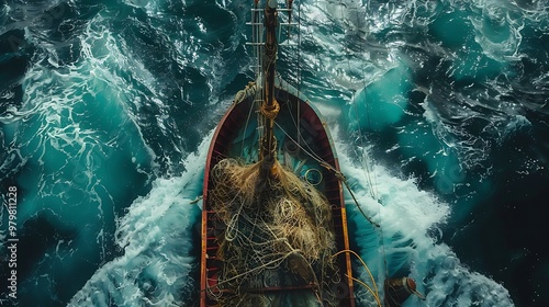 Behind a big boat on the water is a crew of anglers fish get taken out of nets solely by tying it up