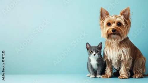 Yorkshire Terrier and Kitten Sitting on Blue Background