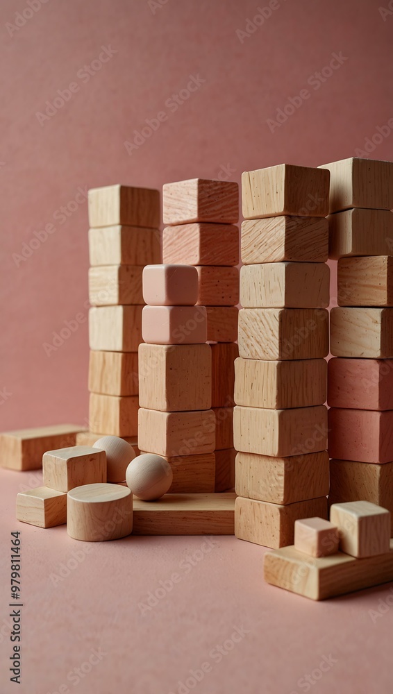 Wooden building blocks on a pink background. Wooden building blocks on a pink background.