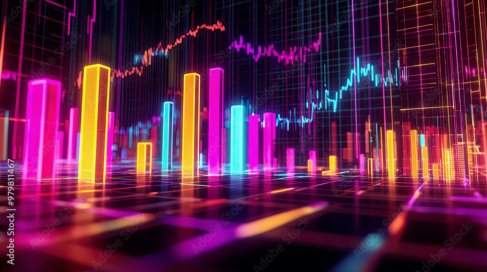 Futuristic 3D bar graph glowing with vibrant colors, representing growth, detailed grid and line graphs in the background, illuminated with neon tones in a high-tech digital space Futuristic 3D bar graph glowing with vibrant colors, representing growth, detailed grid and line graphs in the background, illuminated with neon tones in a high-tech digital space