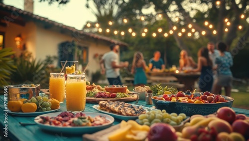 A vibrant outdoor table set with various dishes, fruits, and drinks during an afternoon party in front of the house Generative AI