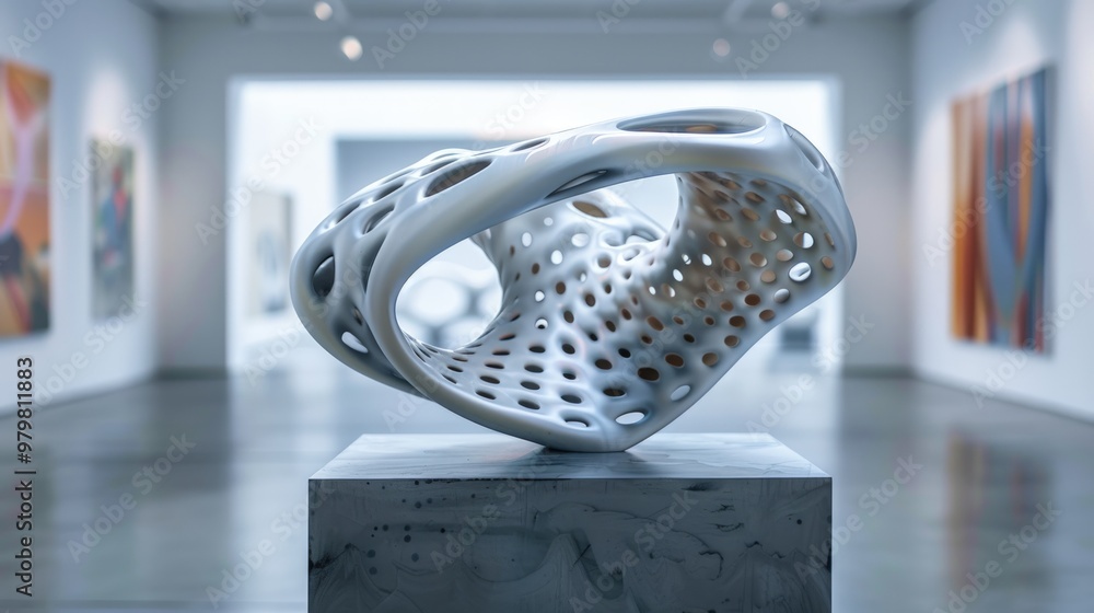 Abstract white sculpture on a pedestal in a modern gallery. Abstract white sculpture on a pedestal in a modern gallery.