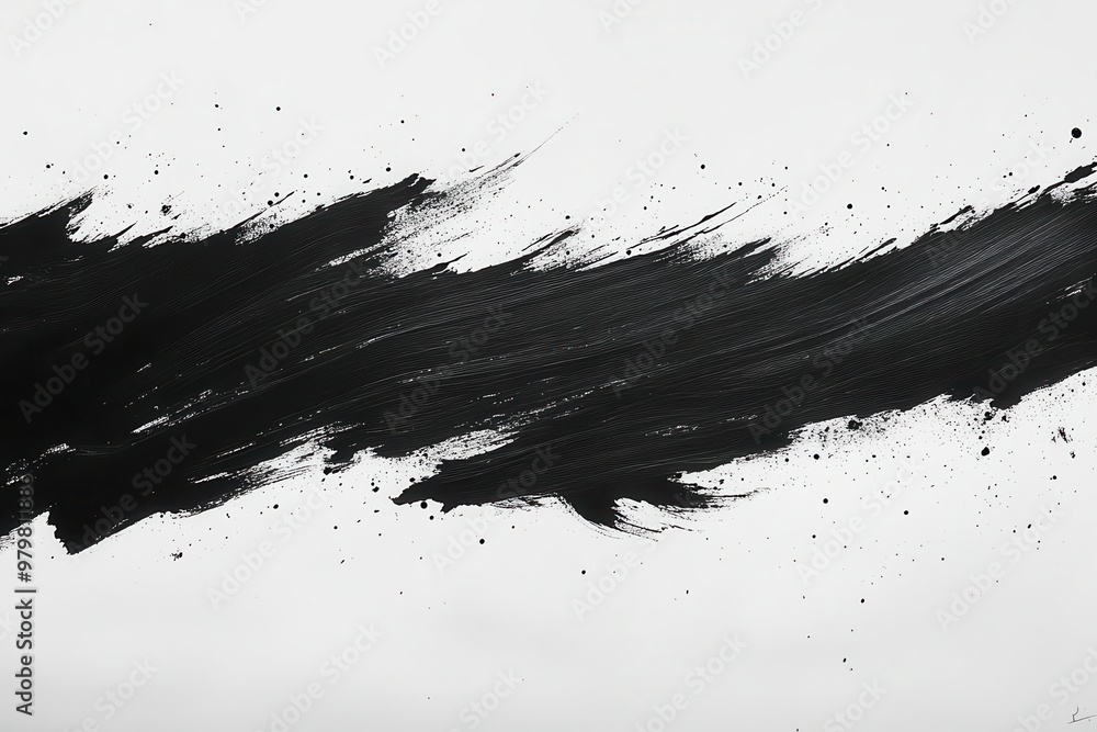 dramatic black ink splatter on pristine white canvas creating bold calligraphic strokes reminiscent of japanese sumie art textured edges and subtle gradients add depth and movement
