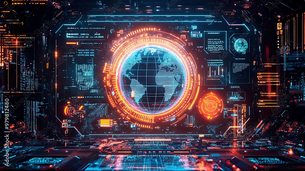 Futuristic dashboard with a virtual globe at the center, surrounded by glowing legal codes, circuit boards, and warning signs, highlighting AI development risks and regulations Futuristic dashboard with a virtual globe at the center, surrounded by glowing legal codes, circuit boards, and warning signs, highlighting AI development risks and regulations