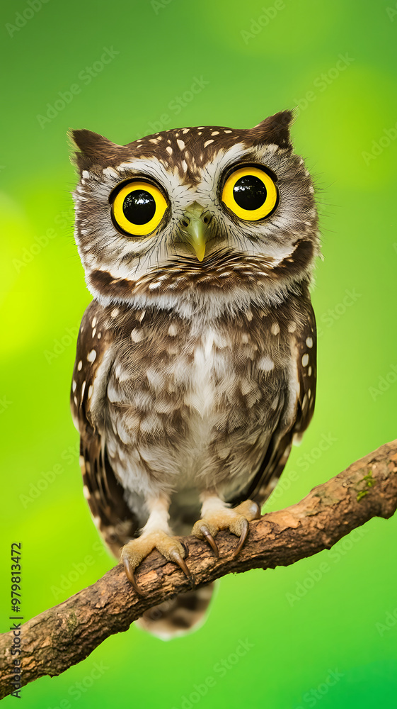 Naklejka premium a owl with yellow eyes against a isolated green background. 