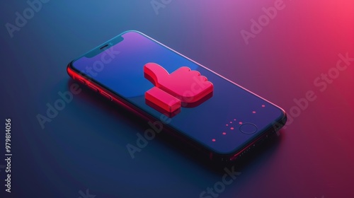 A red thumbs up icon on a black smartphone on a blue and pink background. photo