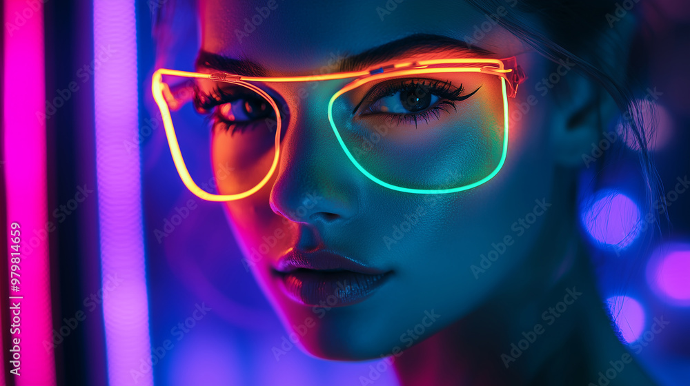 Futuristic woman with glowing neon glasses in vibrant cyberpunk style, surrounded by vivid neon lights, creating a bold and modern high-tech aesthetic. Futuristic woman with glowing neon glasses in vibrant cyberpunk style, surrounded by vivid neon lights, creating a bold and modern high-tech aesthetic.