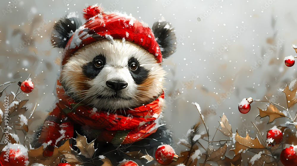 A cheerful panda wearing a red scarf and hat amidst snowy foliage and festive ornaments. A cheerful panda wearing a red scarf and hat amidst snowy foliage and festive ornaments.