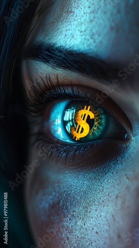 Close-up of an eye with the dollar sign in it, symbolizing financial success and wealth