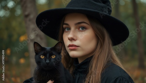 Young woman in a witch hat with a black cat.