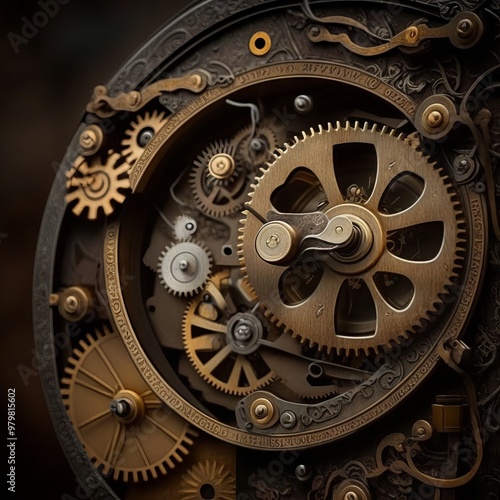 Intricate details of a vintage clock mechanism showcasing its brass gears and craftsmanship in an atmospheric setting