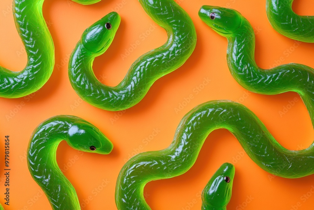 Green gummy snakes on orange background. Green gummy snakes on orange background.