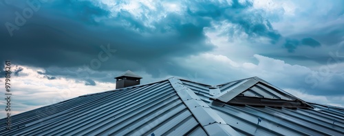 Dramatic lightning storm over metal roof photo