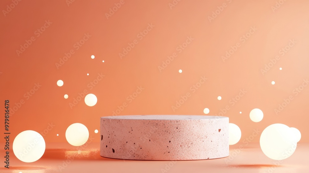 A minimalistic scene featuring a textured platform and glowing orbs on a soft background. A minimalistic scene featuring a textured platform and glowing orbs on a soft background.