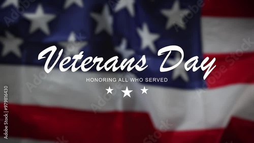 Thank you veterans. Happy Veterans Day Text Animation waving USA flag. Honoring all who served. Great for Veterans Day celebrations, ceremonies, greetings, banners. Animated Happy Veterans Day. 4K.