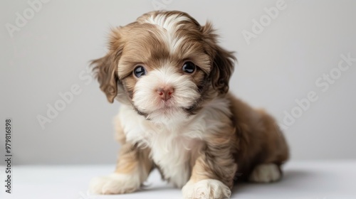 3 week old Lowchen or Petit Chien Lion puppy posing against a white backdrop photo