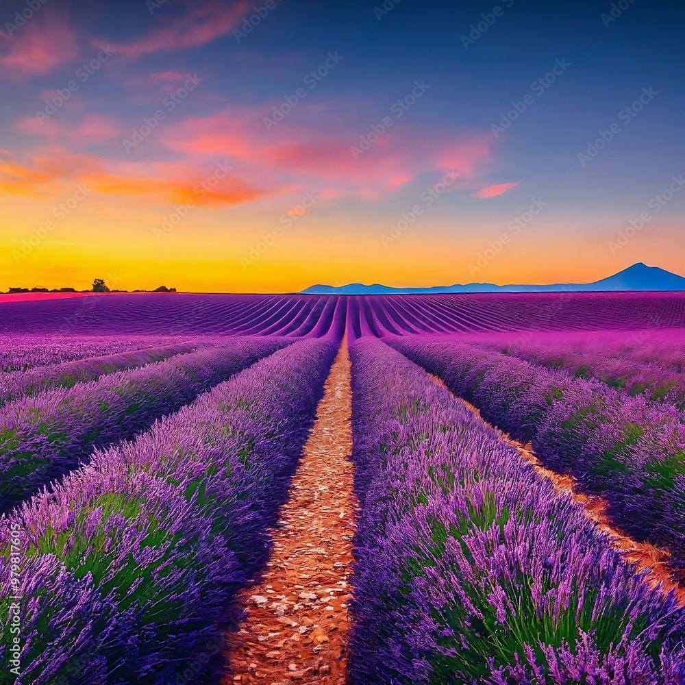 Naklejka premium Pathway leading through blooming lavender field at sunset