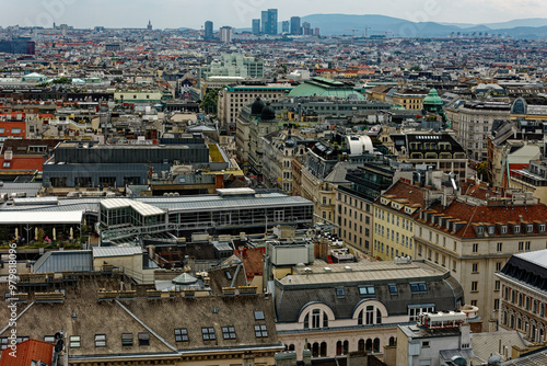 Time Lapse from the central tower with a view of the city of Vienna in Austria. The unique and colorful skyline combines the ancient classical and gothic with the contemporary with skyscrapers. 