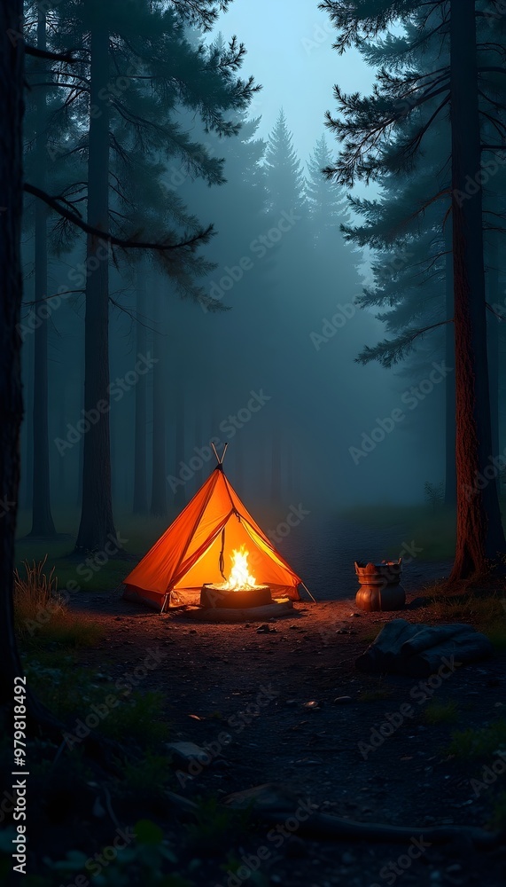Camp Old Tent and Campfire in The Forest at Night on a Dark Sky, Scary Scene for Phone Lock Screen Wallpaper Camp Old Tent and Campfire in The Forest at Night on a Dark Sky, Scary Scene for Phone Lock Screen Wallpaper