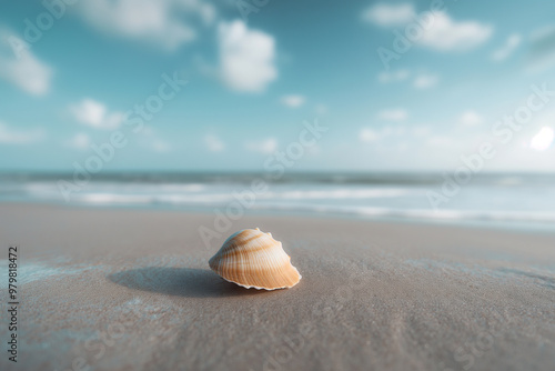 Serene beach with a lone seashell on smooth sand