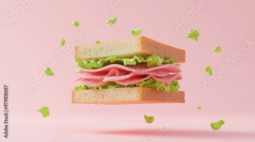 A floating sandwich with lettuce and ham against a pink background. photo