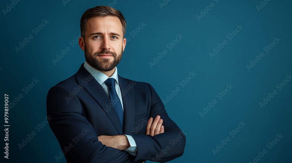 Confident, smiling businessman in a sharp suit and tie, posing against a clean, blue background. The portrait exudes professionalism, success, and a positive attitude. Confident, smiling businessman in a sharp suit and tie, posing against a clean, blue background. The portrait exudes professionalism, success, and a positive attitude.