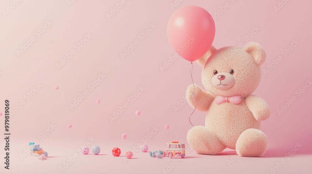 A cute teddy bear holding a pink balloon, surrounded by colorful candies on a soft pink background. A cute teddy bear holding a pink balloon, surrounded by colorful candies on a soft pink background.