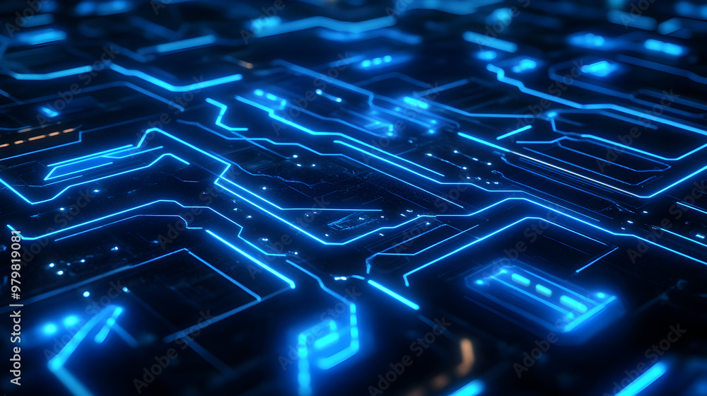 Abstract futuristic circuit board with glowing blue pathways and connections
Abstract futuristic circuit board with glowing blue pathways and connections