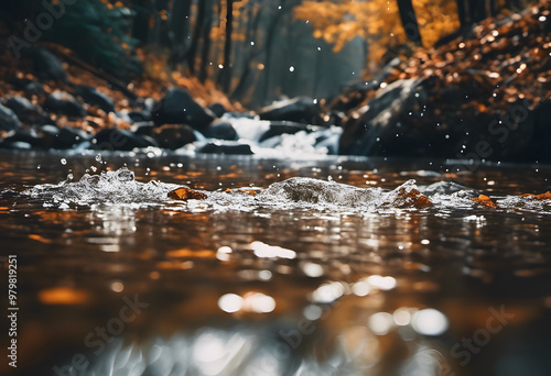 A serene river scene with splashes of water in the foreground, surrounded by autumn foliage. The background features a gentle stream flowing over rocks.