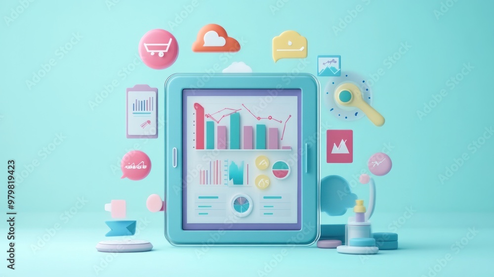 A colorful tablet displaying data analytics with various icons representing communication and commerce. A colorful tablet displaying data analytics with various icons representing communication and commerce.