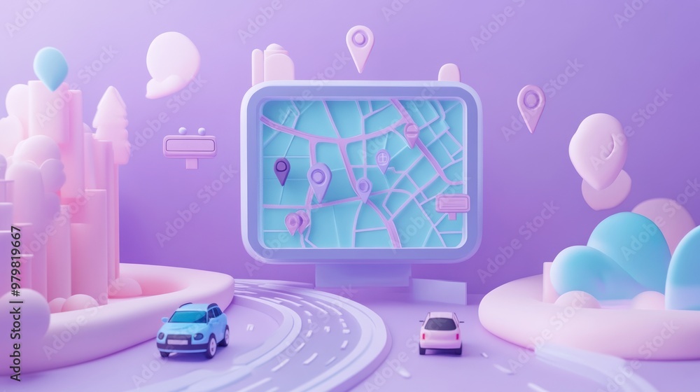 A colorful, 3D map display with vehicles and location markers on a winding road. A colorful, 3D map display with vehicles and location markers on a winding road.