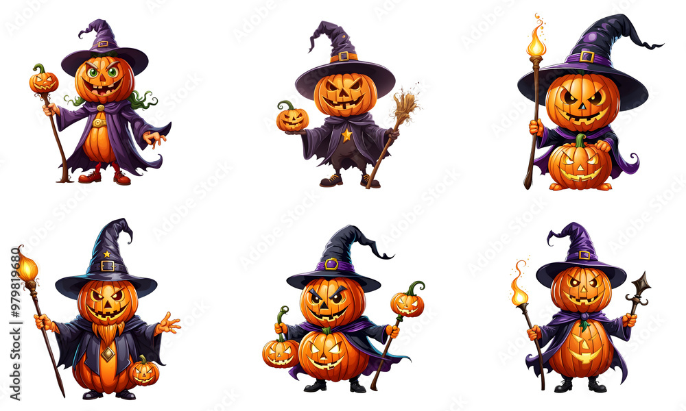 Illustration set of Pumpkin Wizard Cartoon Character Halloween Illustration set of Pumpkin Wizard Cartoon Character Halloween