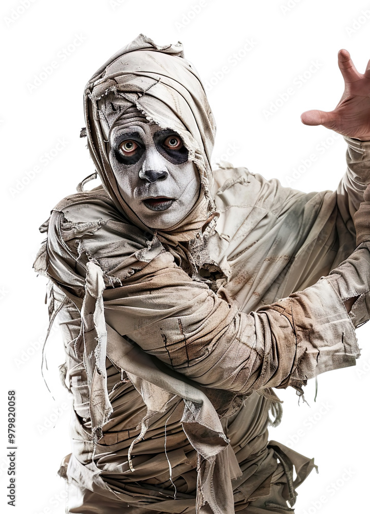 Front view white man dressed as mummy, making a scary face with hands isolated on white background. Front view white man dressed as mummy, making a scary face with hands isolated on white background.