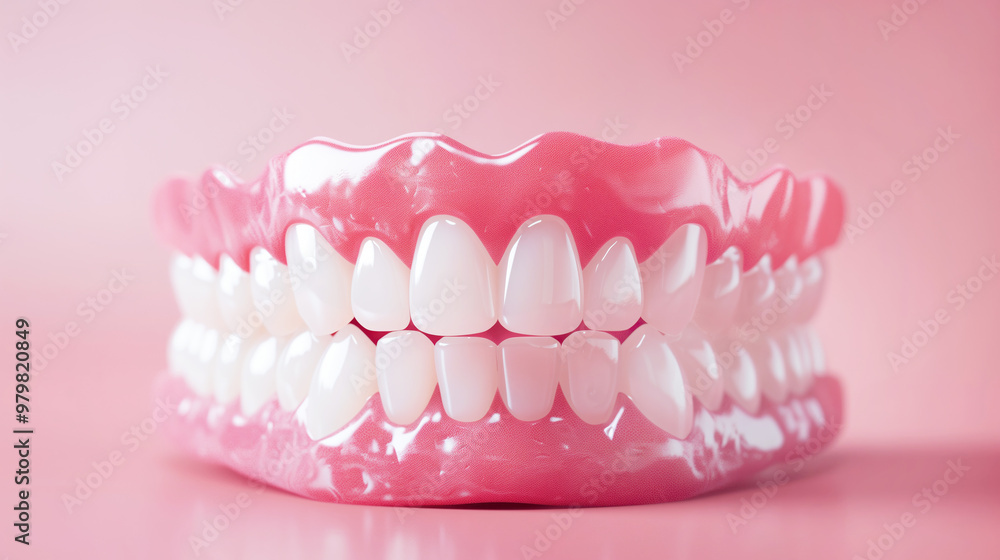 Obraz premium Model of human jaw with teeth. 3D render visualization on pink background.