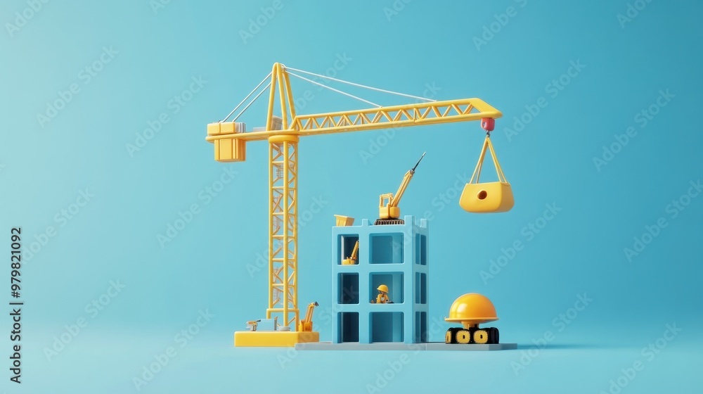 A colorful construction scene featuring a crane, building, and construction tools. A colorful construction scene featuring a crane, building, and construction tools.