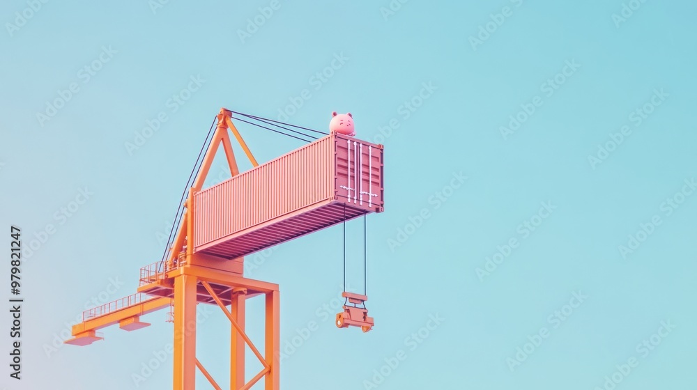 A whimsical crane holds a container with a cartoonish pig on top against a pastel sky. A whimsical crane holds a container with a cartoonish pig on top against a pastel sky.